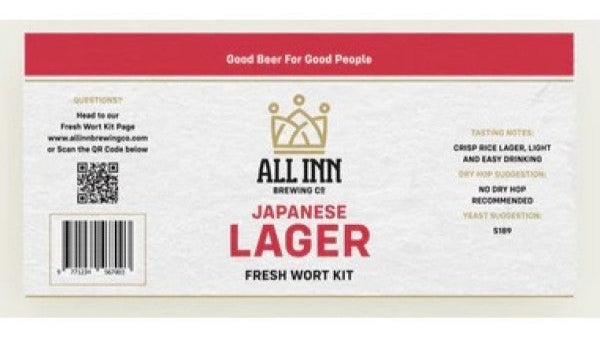All Inn Brewing Co. Japanese Lager Fresh Wort Kit packaging with branding and product details.