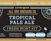 Front and back label design for a All Inn Brewing Co. Tropical Pale Ale Wort Kit, featuring a black and gold layout with product details, brewing info, and a barcode on the reverse side.