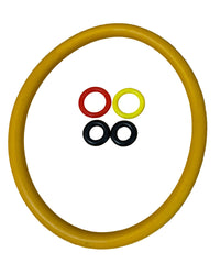 Yellow rubber ring with smaller colored rings on a wooden surface
