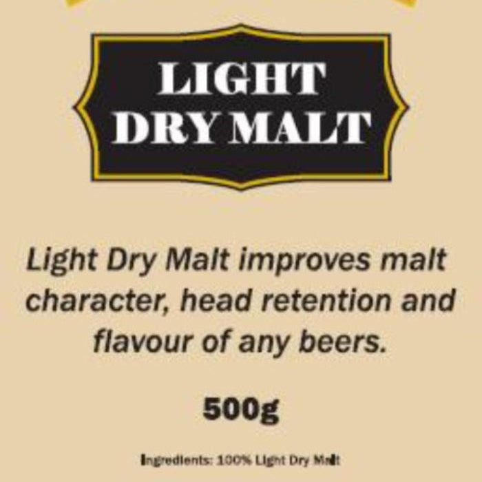 Morgan's Light Dry Malt packaging label on a beige background, featuring the red and yellow Morgan's logo and black text detailing the product benefits and 500g weight.